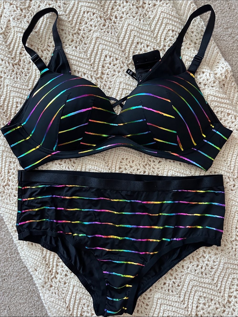 Black Bra/Panty Set with Rainbow Metallic Stripes